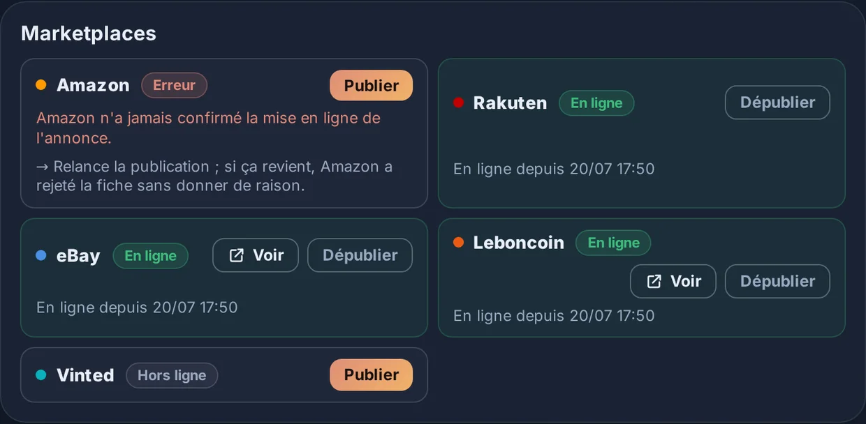 Fiche article EvoMarket : statut de l'annonce sur les cinq sites de vente